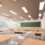 Modern contemporary classroom 3d render,The rooms have white walls and floors, wooden ceilings, decorated with wooden tables and chairs, large windows overlooking natural views.